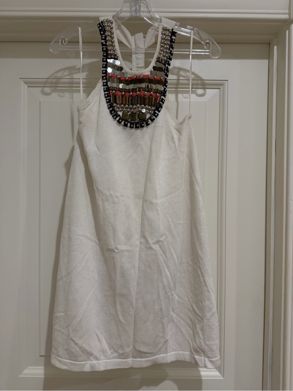 Tibi White Embellished Statement Bib Shift Dress Size S
